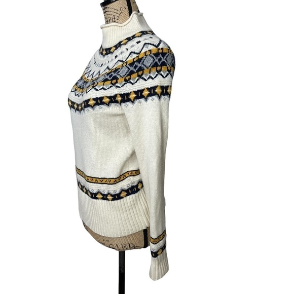 J. Crew Wool Mix Sweater Fair Isle Blue and Cream Roll Neck Style - Picture 8 of 10